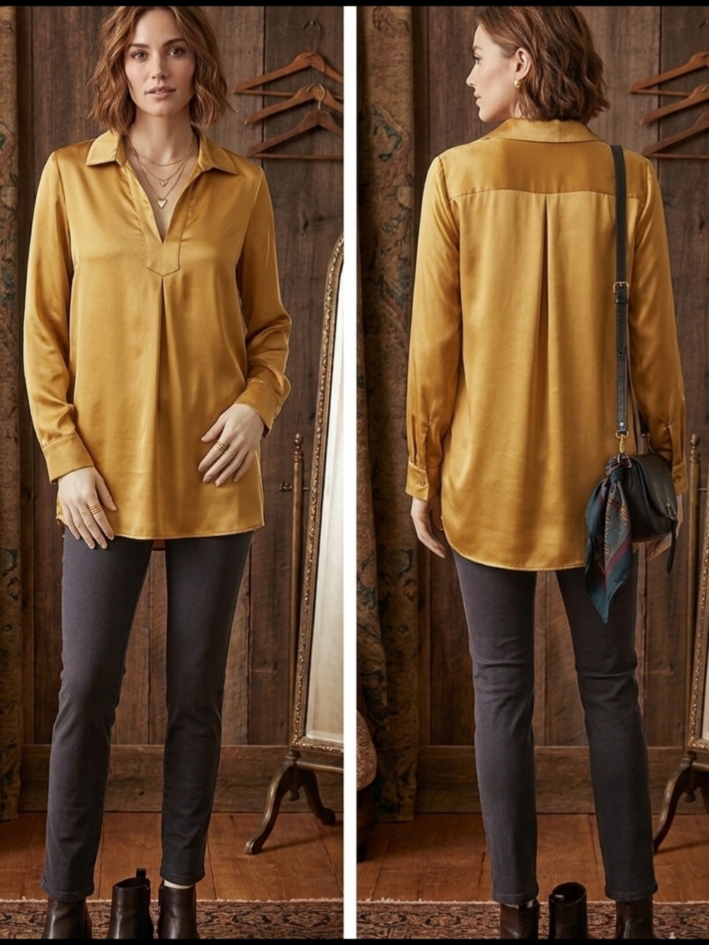 Anthropologie By Sundance Satin Tunic Blouse in Mustard